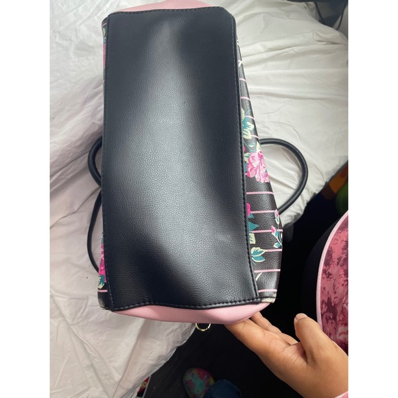 Betsey Johnson Satchel Bag Pink Black Floral Print Top Handle Crossbody Charm - Picture 9 of 12